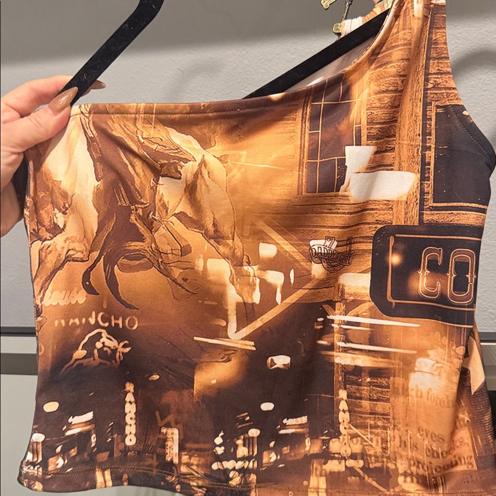 Jaded London One-Shoulder Cowboy Print Top - Orange and Black - Picture 3 of 6